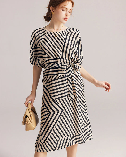 Women's Striped Belted Silk Dress, Black And White