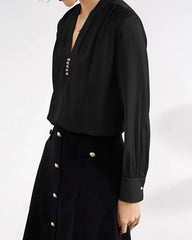 V-Neck Ruffled Shoulder Silk Blouse