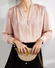 V-Neck Ruffled Shoulder Silk Blouse