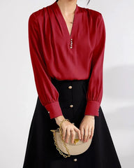 V-Neck Ruffled Shoulder Silk Blouse