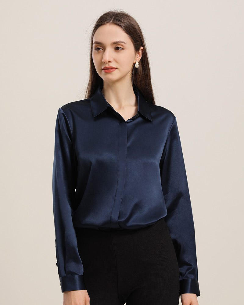 Women's Basic Concealed Silk Shirt Navy
