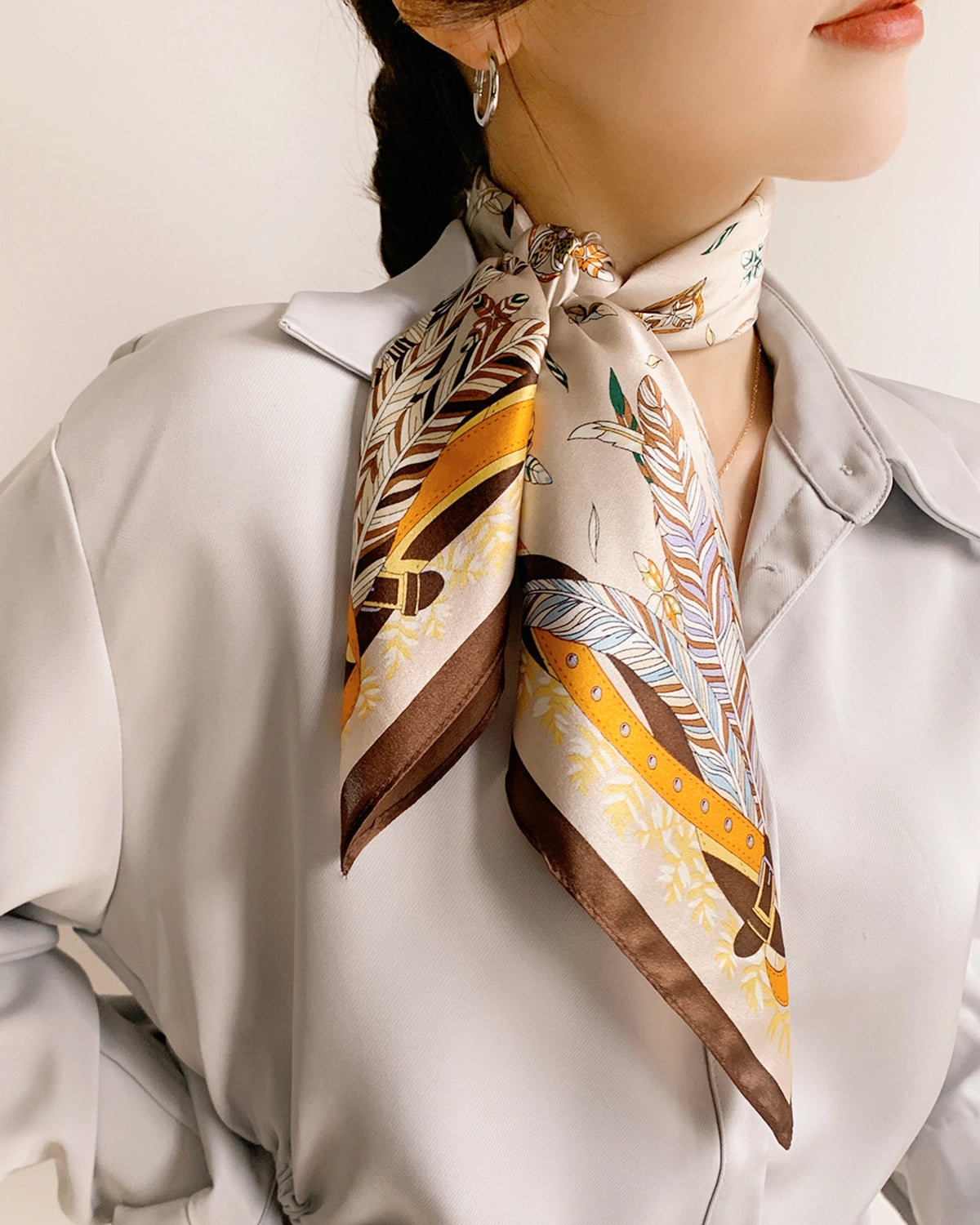 Versatile Square Silk Scarf, Cream and Chocolate Brown