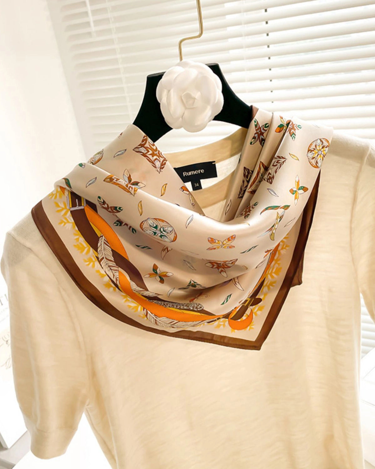 Versatile Square Silk Scarf, Cream and Chocolate Brown