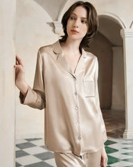Washable Piped Silk Pajama Set, Champagne