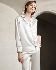 Washable Piped Silk Pajama Set, White
