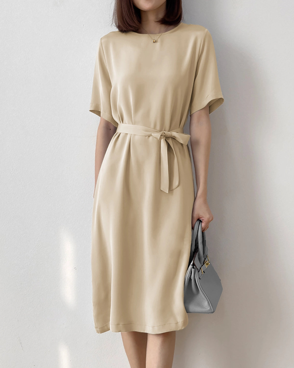 Loose Fit Belted Silk Dress 32 Momme, Beige