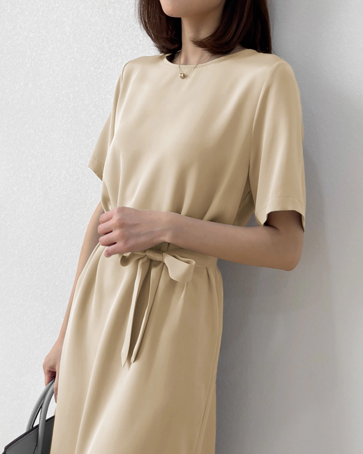 Loose Fit Belted Silk Dress 32 Momme, Beige