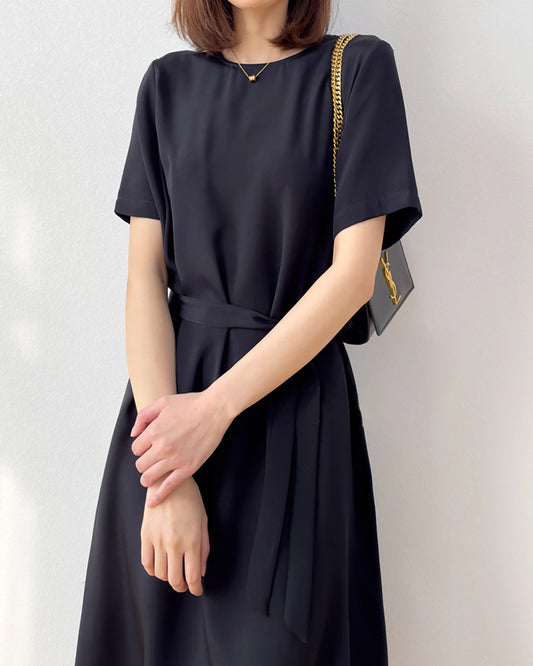 Loose Fit Belted Silk Dress 32 Momme, Black