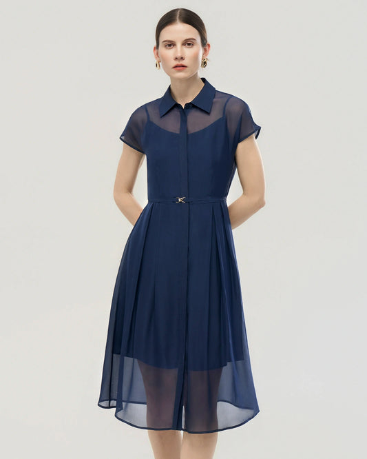 Silk Chiffon Belted A Line Shirt Dress