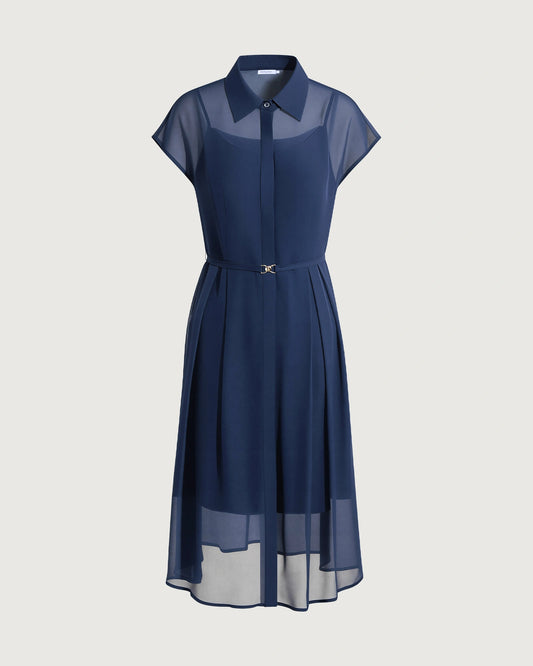 Silk Chiffon Belted A Line Shirt Dress