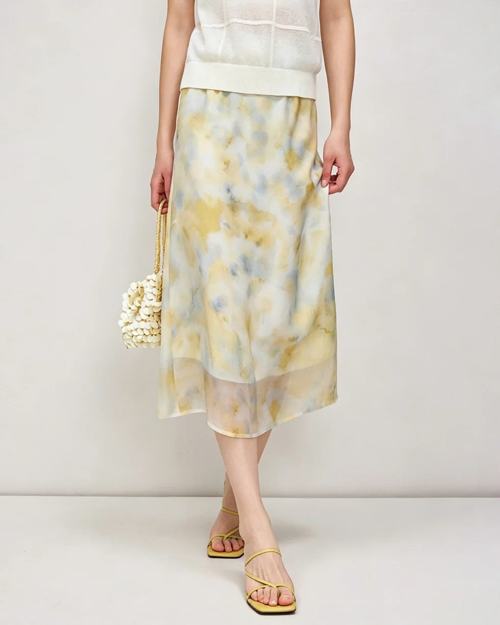 Silk Georgette Watercolor Print Midi Skirt
