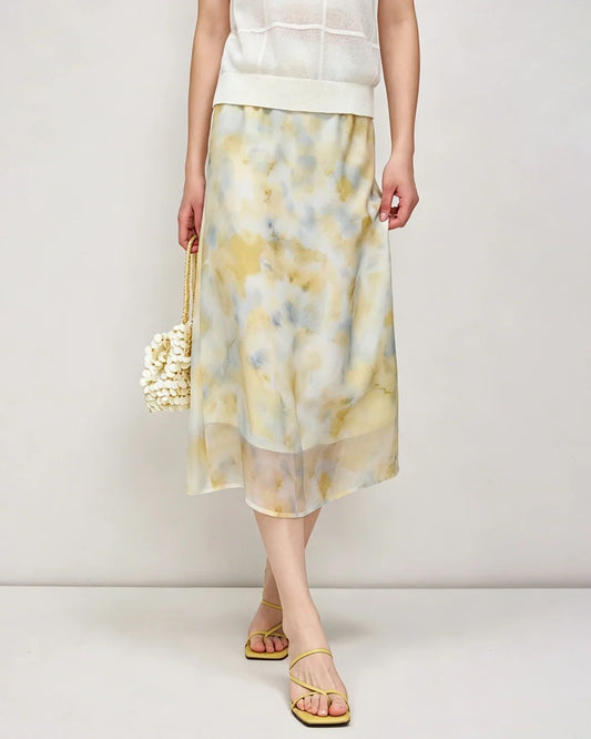 Silk Georgette Watercolor Print Midi Skirt