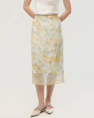 Silk Georgette Watercolor Print Midi Skirt
