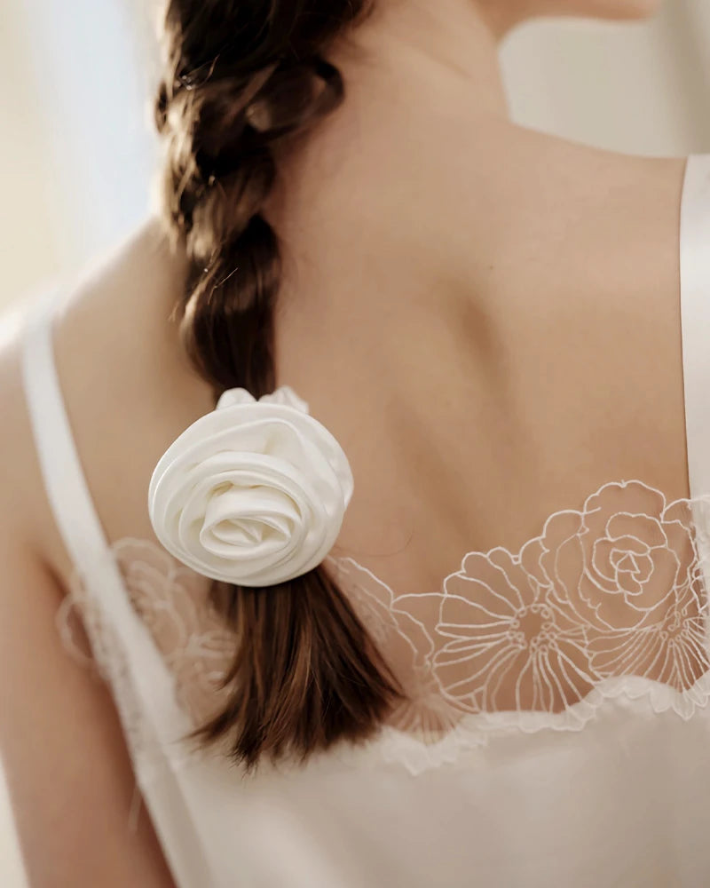 Rose Washable Silk Floral Hair Scrunchie, White 