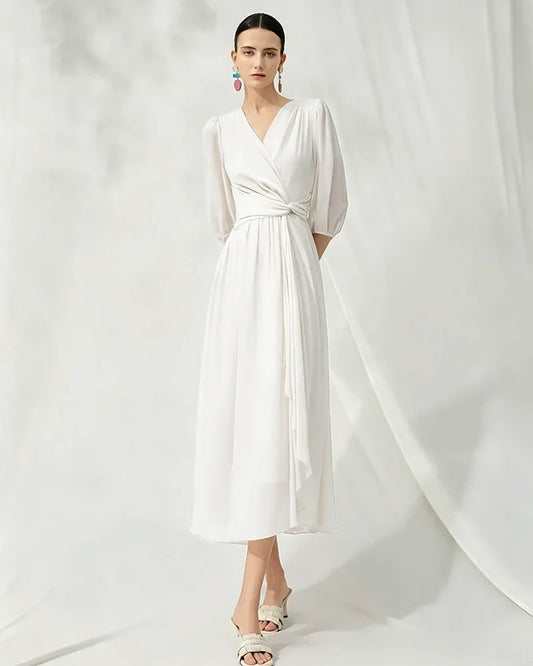 V-Neck Silk Midi Dress with Twist Front Waist