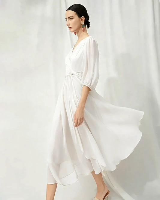 V-Neck Silk Midi Dress with Twist Front Waist