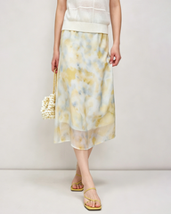 Silk Georgette Watercolor Print Midi Skirt