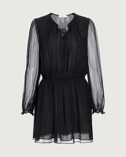 Sheer Sleeve Silk Tie Neck Mini Dress