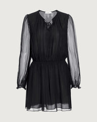 Sheer Sleeve Silk Tie Neck Mini Dress