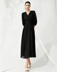 V-Neck Silk Midi Dress with Twist Front Waist