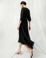 V-Neck Silk Midi Dress with Twist Front Waist