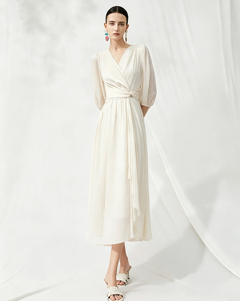 V-Neck Silk Midi Dress with Twist Front Waist