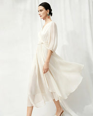 V-Neck Silk Midi Dress with Twist Front Waist