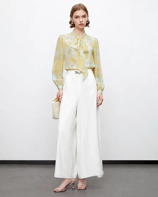 Silk Watercolor Print Tie Neck Blouse