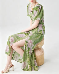 Silk Floral V-Neck Puff Sleeve Midi Dress