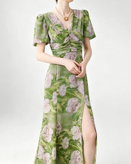 Silk Floral V-Neck Puff Sleeve Midi Dress