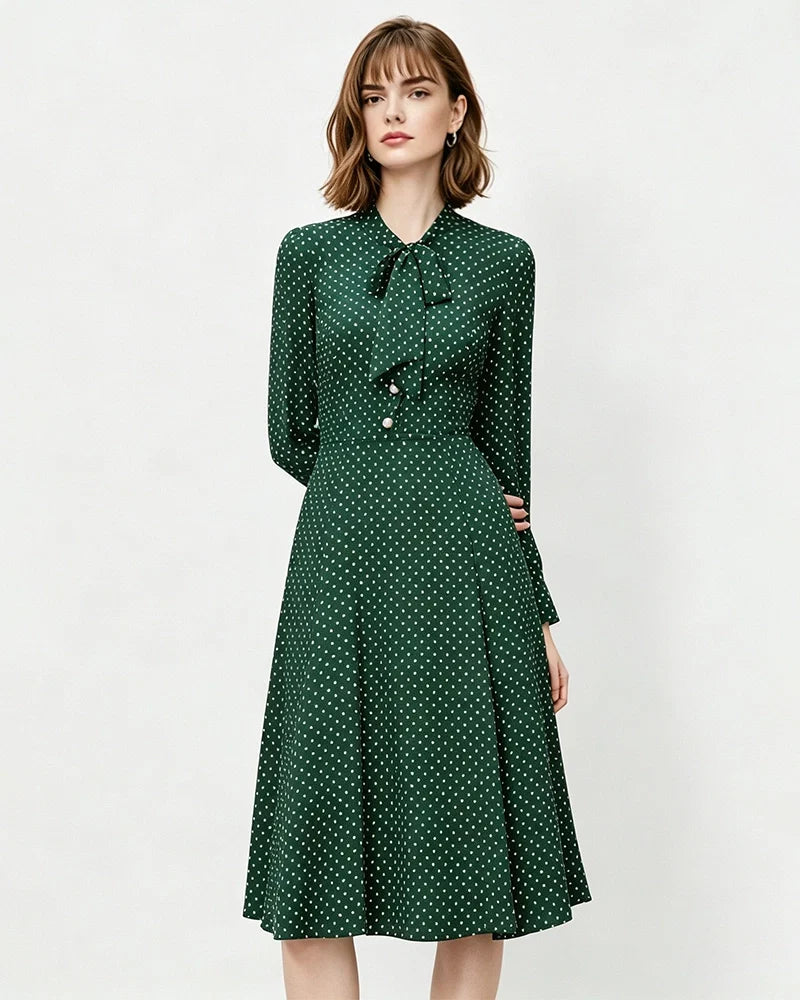 16 Momme Silk Polka Dot Bow Tie Neck Midi Dress