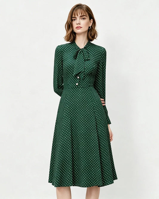 16 Momme Silk Polka Dot Bow Tie Neck Midi Dress