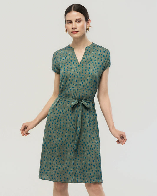 19 Momme Belted Silk A Line Dress in Verdant Dots