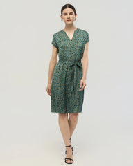 19 Momme Belted Silk A Line Dress in Verdant Dots