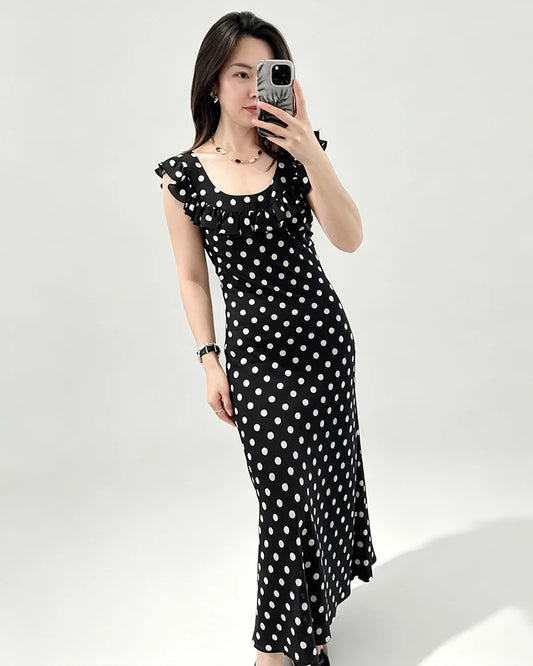 Silk Polka Dot Ruffle Neckline Maxi Dress
