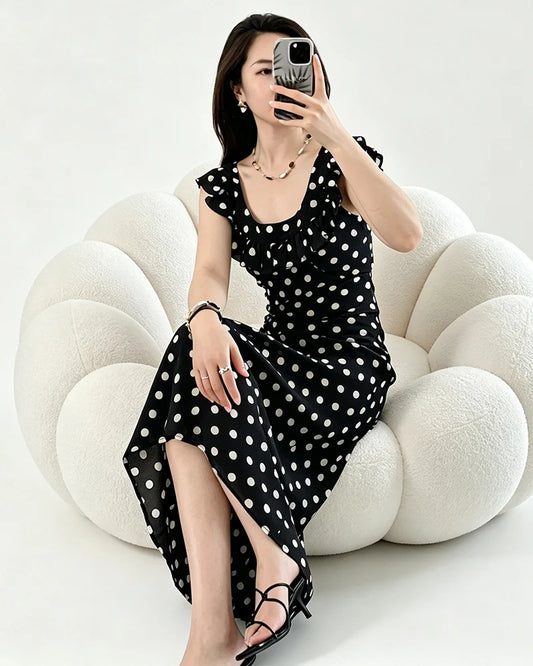 Silk Polka Dot Ruffle Neckline Maxi Dress