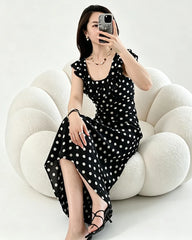 Silk Polka Dot Ruffle Neckline Maxi Dress
