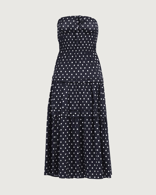 19 Momme Silk Polka Dot Strapless A-Line Midi Dress