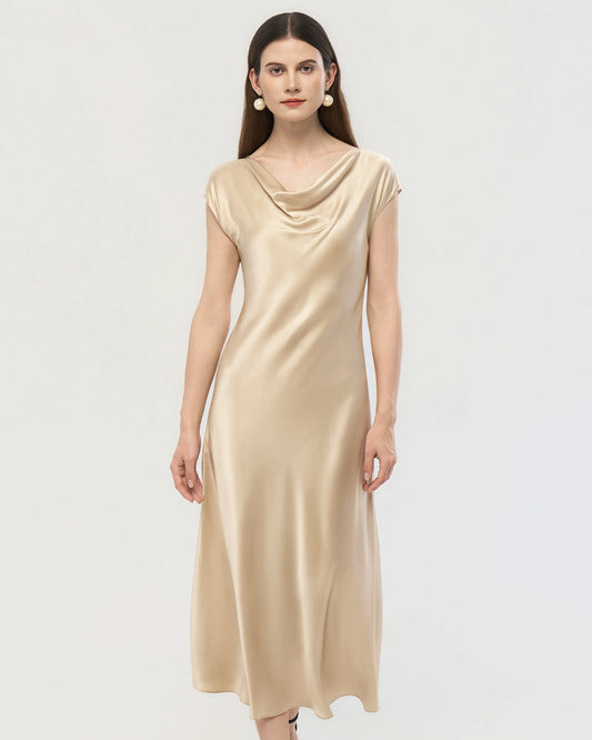 22 Momme Silk Cowl Neck Bias Cut Midi Dress