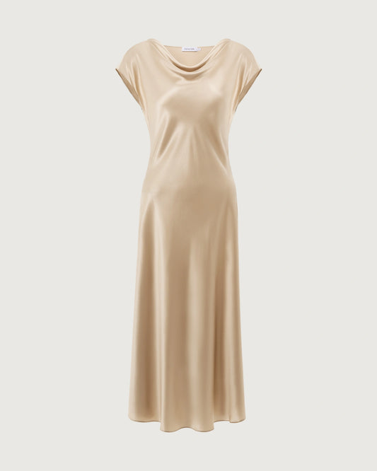 22 Momme Silk Cowl Neck Bias Cut Midi Dress