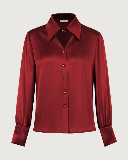 22 Momme Silk Cutout Collar Long Sleeve Blouse