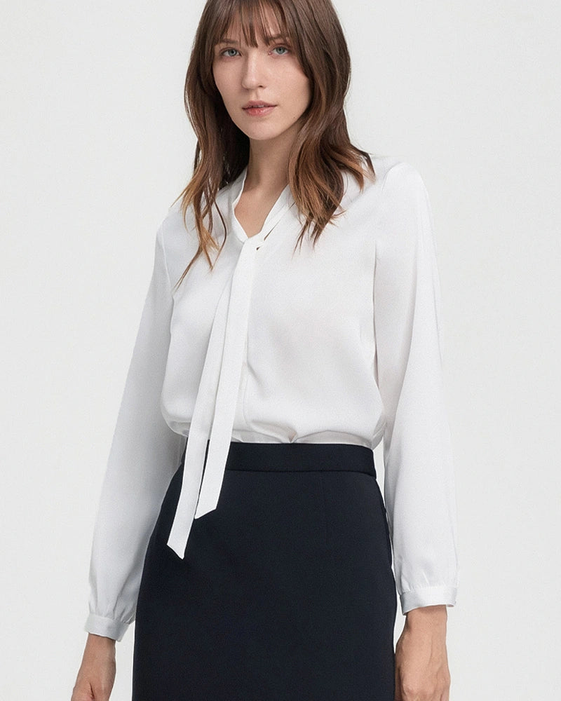 22 Momme Silk Tie Neck Blouse Long Sleeve