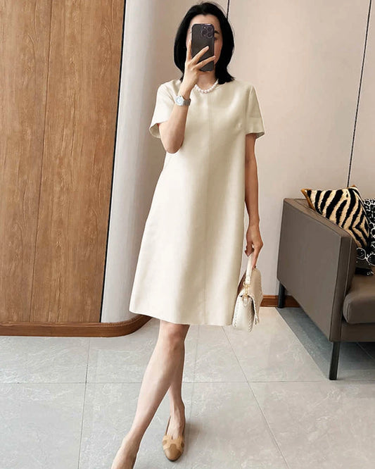 Silk and Wool Short Sleeve Midi Dress, White