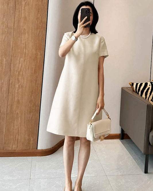 Silk and Wool Short Sleeve Midi Dress, White