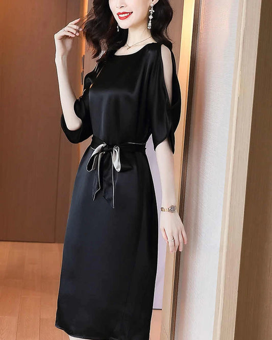 Belted Silk Midi Dress with Slit Shoulders, Black