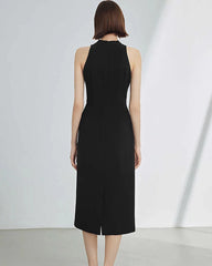 V Neck Silk Sleeveless Midi Dress, Black
