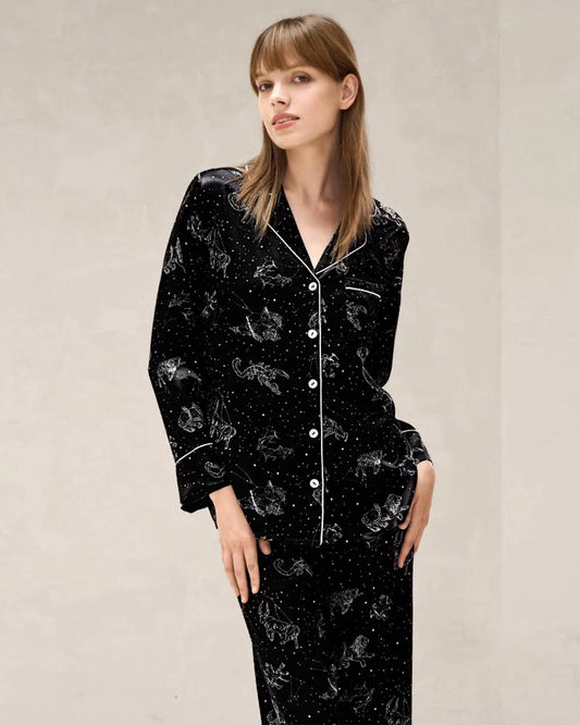 Black Zodiac Print Long Sleeve Silk Pajama Set