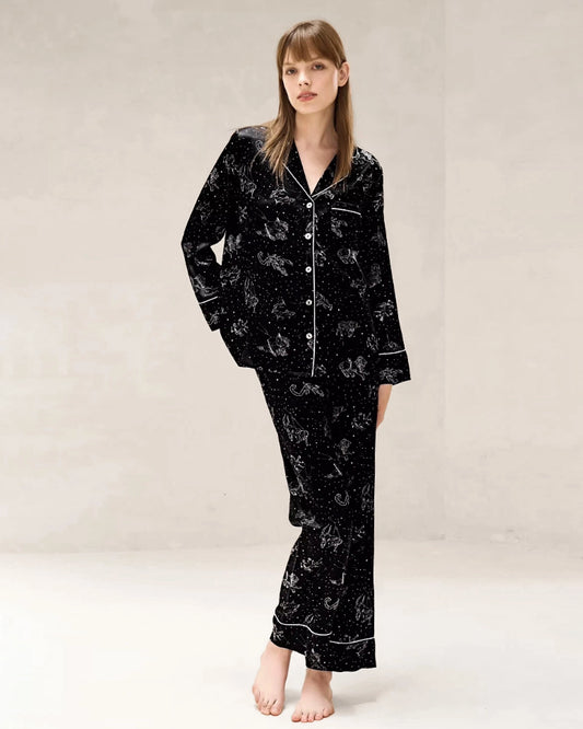 Black Zodiac Print Long Sleeve Silk Pajama Set