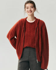 Cashmere Silk Cable Knit Hooded Cardigan