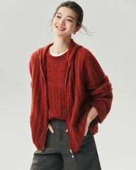Cashmere Silk Cable Knit Hooded Cardigan
